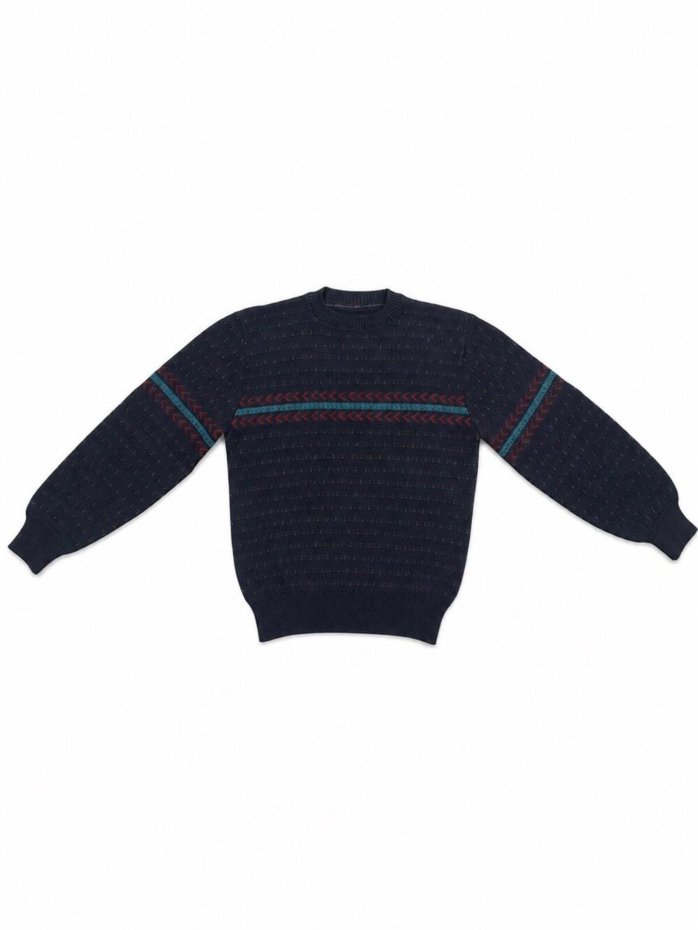Vintage Men’s Medium Navy Knit Sweater Red Teal Pattern Crewneck Pullover